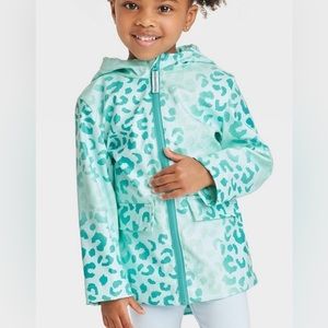 NWT turquoise, leopard print, hooded raincoat. Size 12 months